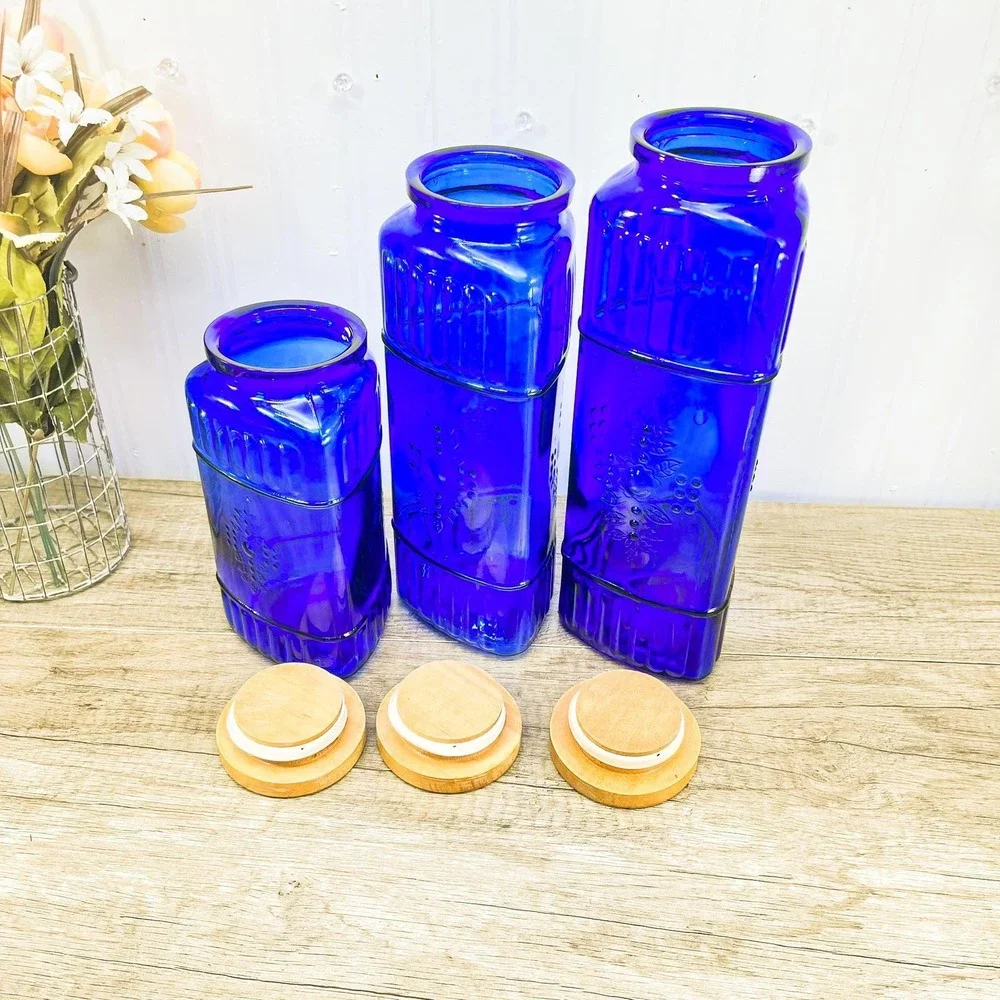 Vintage Cobalt Blue Canister Set of 3: Blue Glass Jars‎ with Wood Lids